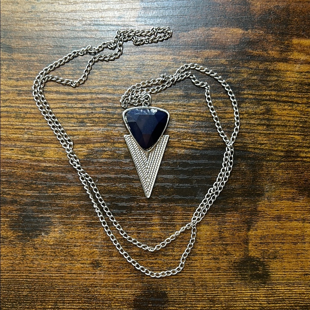 Silver and Dark Blue Geometric Pendant Necklace